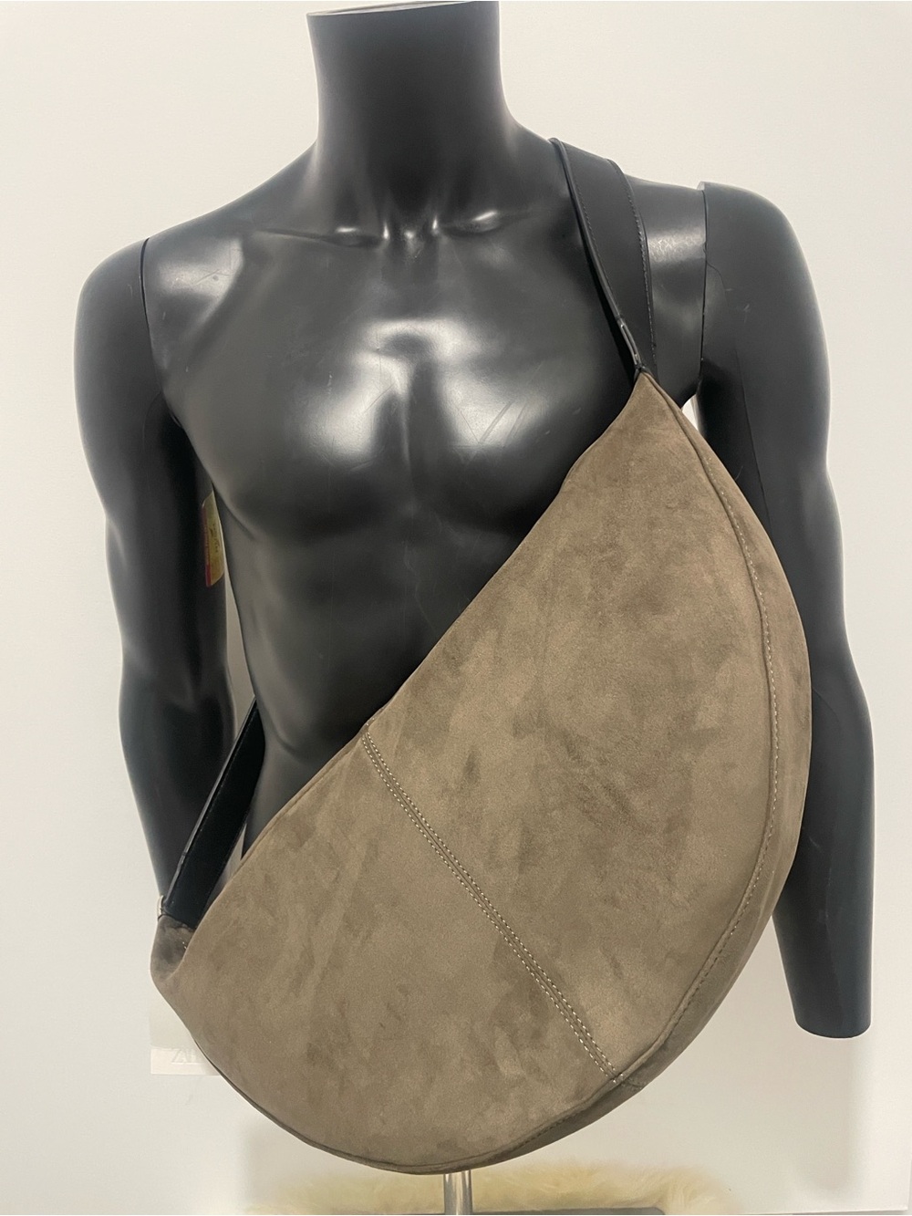 Zara Taupe Suede Crescent Messenger Bag with Black Strap